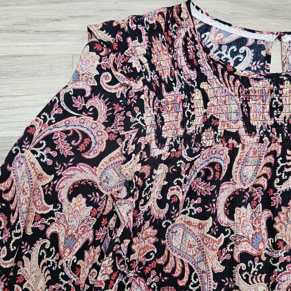 Knox Rose Womens Black Boho Floral Paisley Blouse Size Large Ruffles Longsleeve - Picture 4 of 9